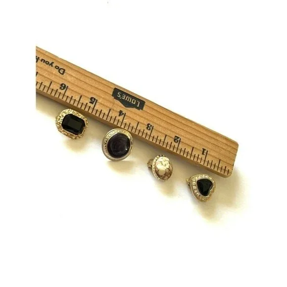 Vintage Lot of 4 Pair Clip on Earrings Gold Tone Enamel Heart Shape Black - Picture 7 of 8